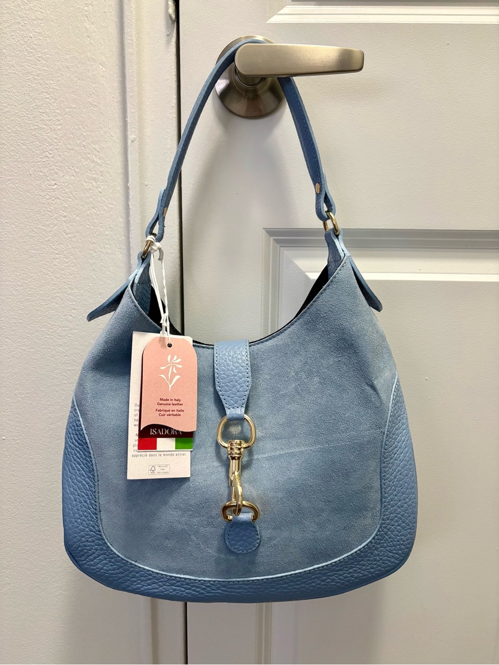 Adore Sky Blue Suede Shoulder Bag with Gold Hardware